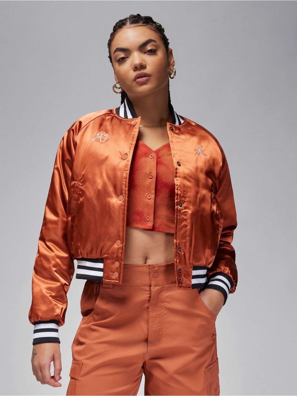 🧡 Jordan MJ Nike Shoes Copper Orange Satin Bomber Jacket Coat Sneakers NEW XL